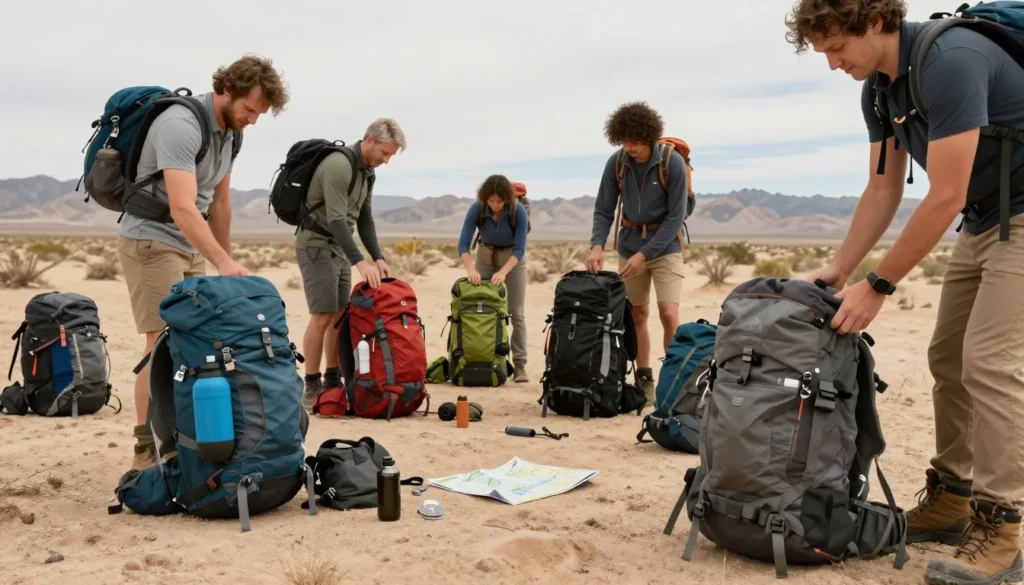 Desert travelers preparing for adventure with proper gear