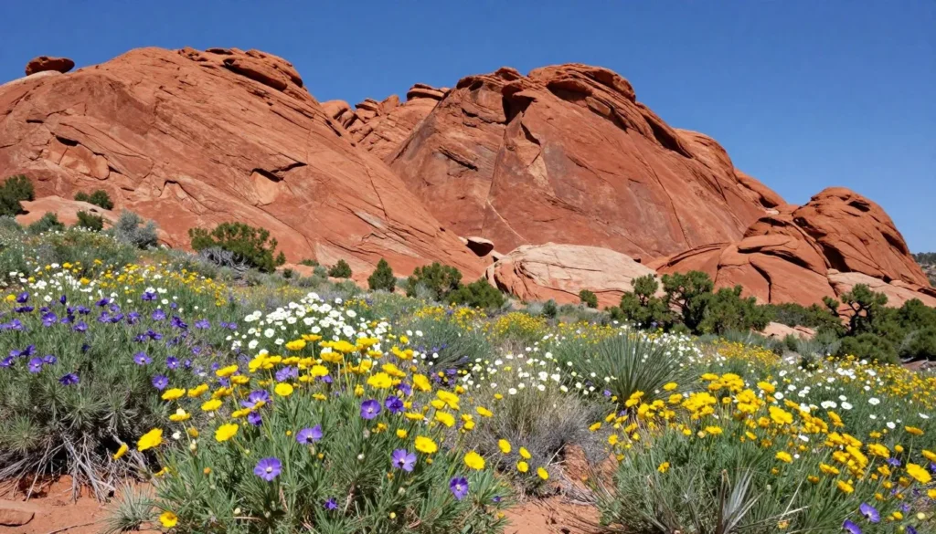 Desert wildflowers blooming at base of red rock formations in spring Desert wildflowers blooming at base of red rock formations in spring