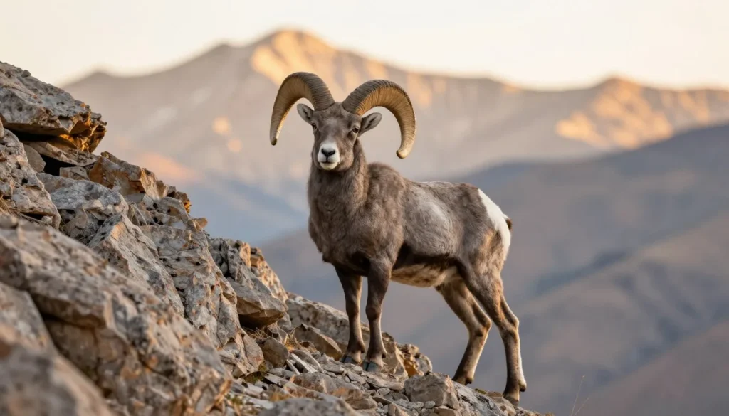 Desert wildlife bighorn sheep on rocky slope with mountain backdrop Desert wildlife bighorn sheep on rocky slope with mountain backdrop