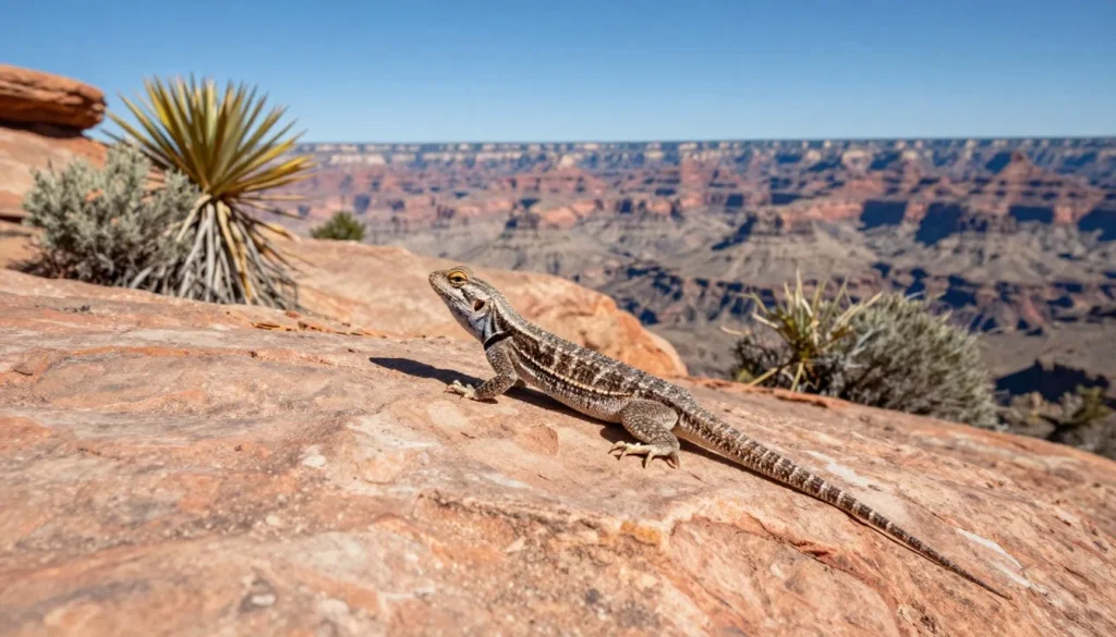 Desert wildlife including lizard on rock at Hovenweep with native plants and scenic canyon backdrop Desert wildlife including lizard on rock at Hovenweep with native plants and scenic canyon backdrop
