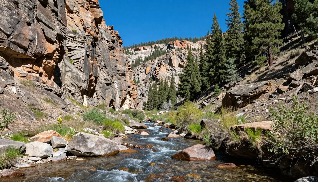 Diamond-Fork-Canyon-landscape-with-rugged-mountain-terrain-and-flowing-creek-surrounded-by-pine Diamond Fork Canyon landscape with rugged mountain terrain and flowing creek surrounded by pine forests