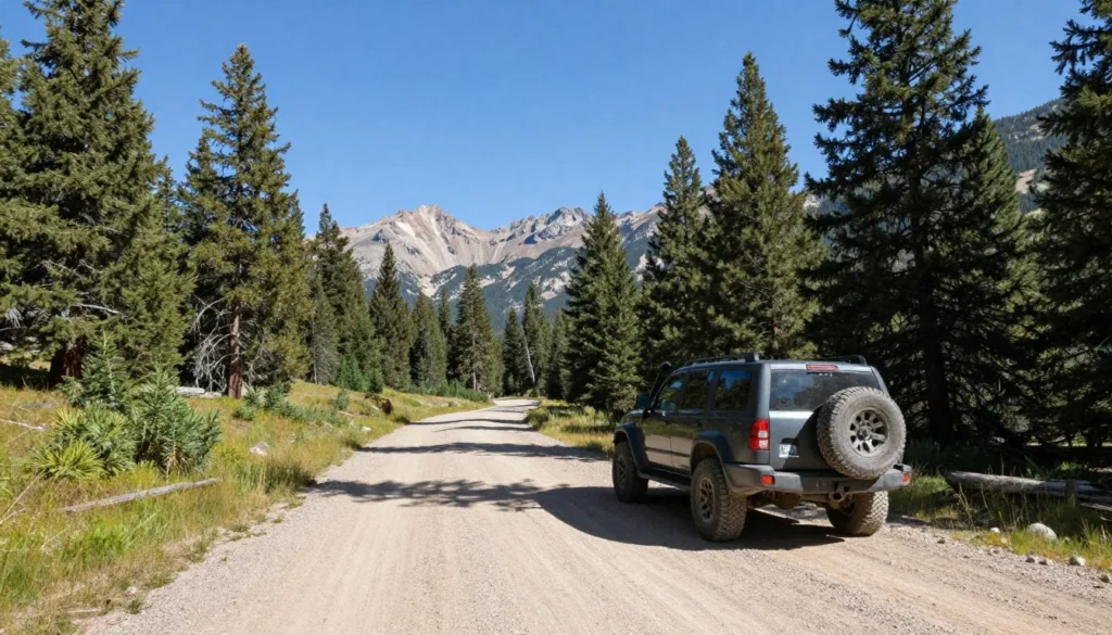 Dirt forest road leading toward mountain peaks with parked vehicle at trailhead Dirt forest road leading toward mountain peaks with parked vehicle at trailhead