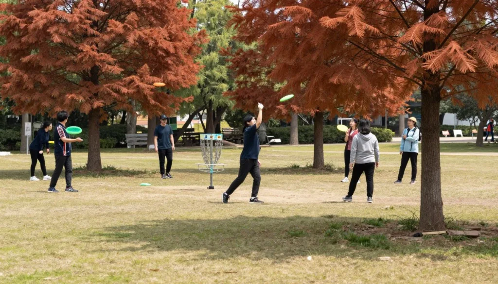 Disc golf players enjoying course surrounded by cedar trees
