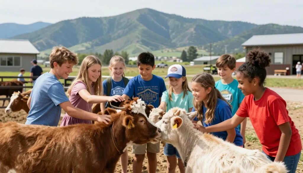 Diverse children petting farm animals at heritage center with mountains behind