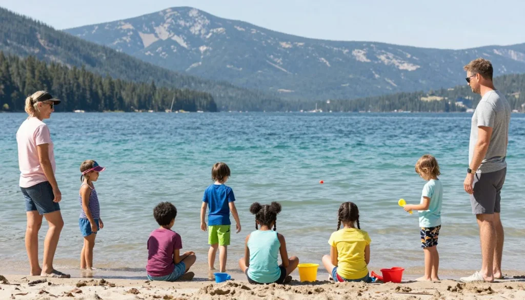 Diverse children playing in shallow water at Bear Lake beach with parents watching