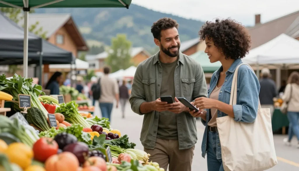 Diverse couple shopping at local farmers market with fresh produce and mountain backdrop Diverse couple shopping at local farmers market with fresh produce and mountain backdrop