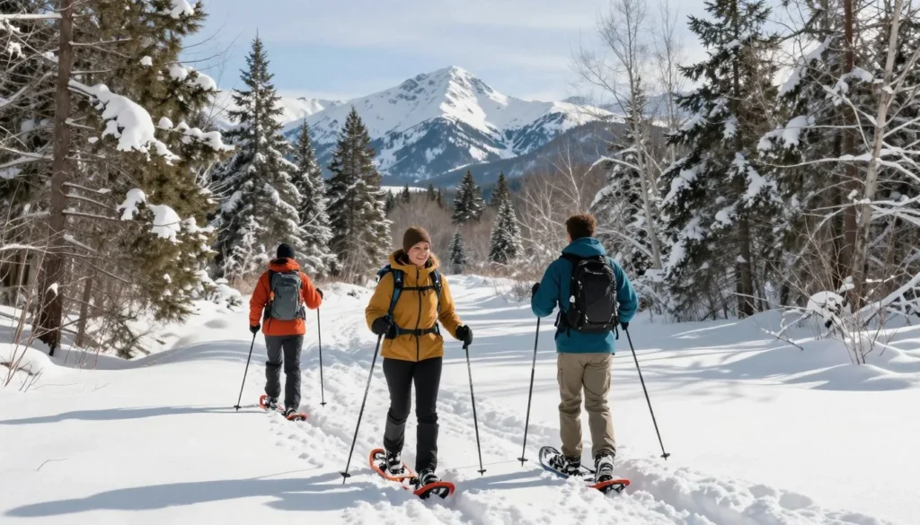 Diverse couple snowshoeing through winter forest with snow-covered Bear River Range peaks