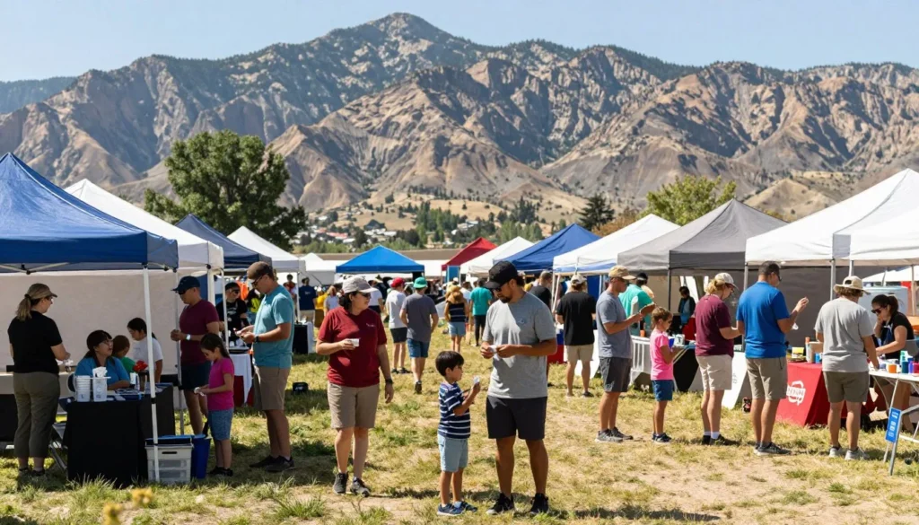 Diverse crowd enjoying outdoor festival activities in southern Utah mountain setting Diverse crowd enjoying outdoor festival activities in southern Utah mountain setting