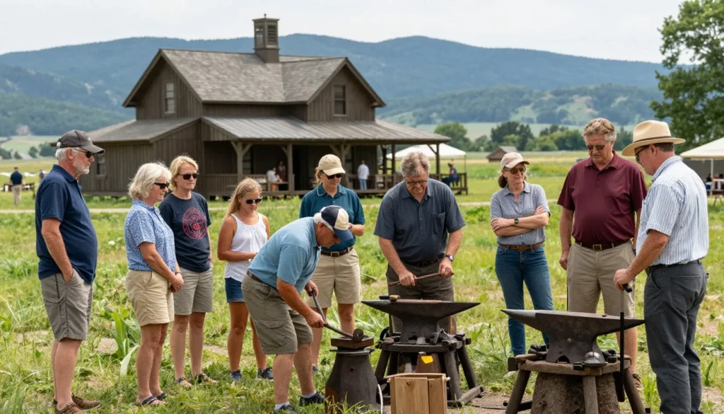 Diverse families watching blacksmith demonstration at heritage center with mountains behind
