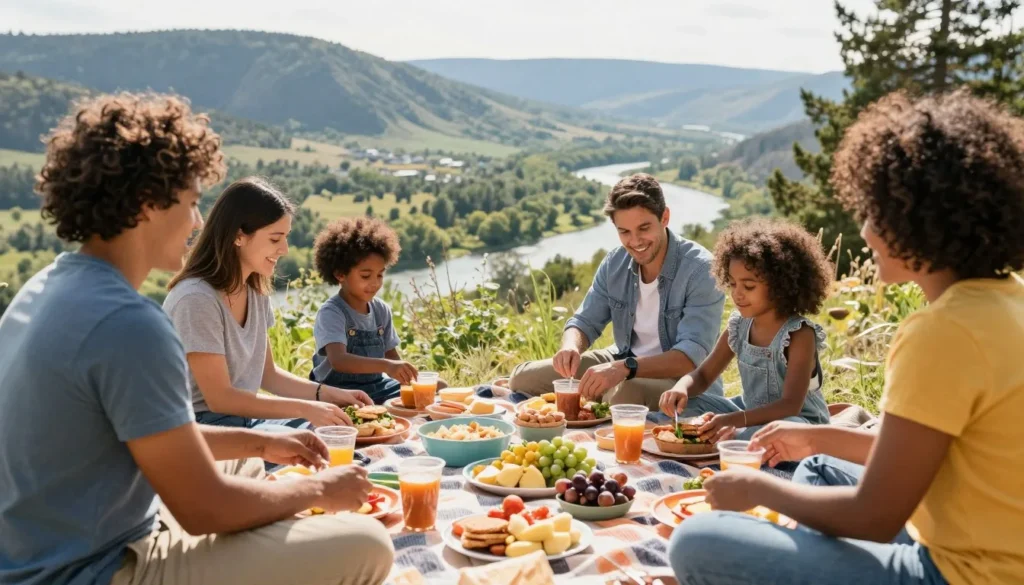 Diverse family enjoying free picnic at scenic mountain overlook