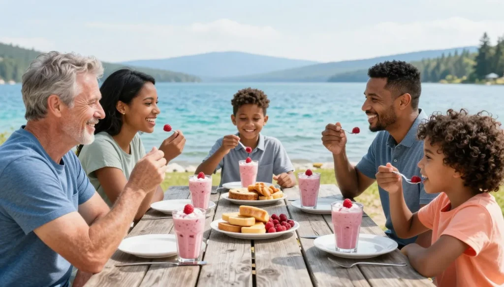 Diverse family enjoying raspberry shakes at outdoor picnic table with lake view