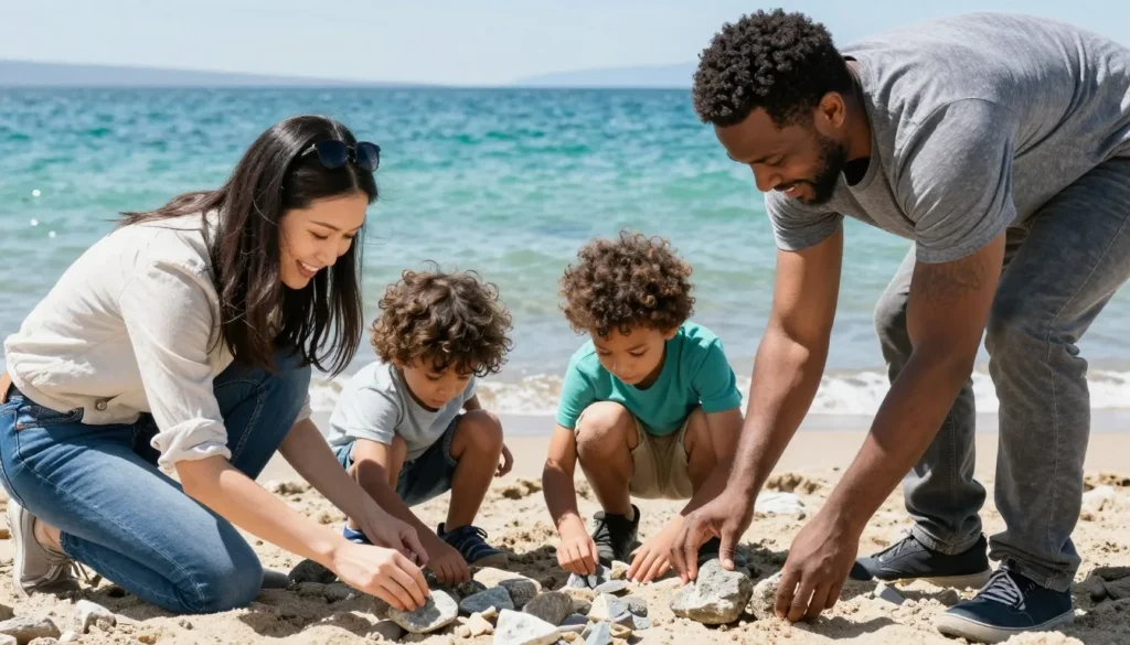 Diverse family exploring Pyramid Lake beach together