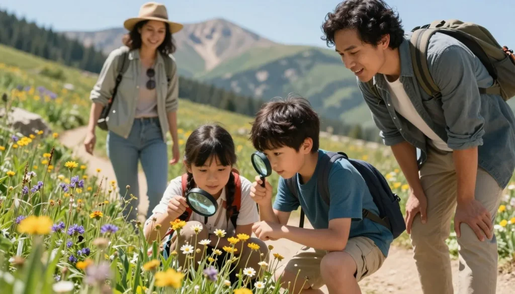 Diverse family group exploring nature trail near San Juan River with children examining plants