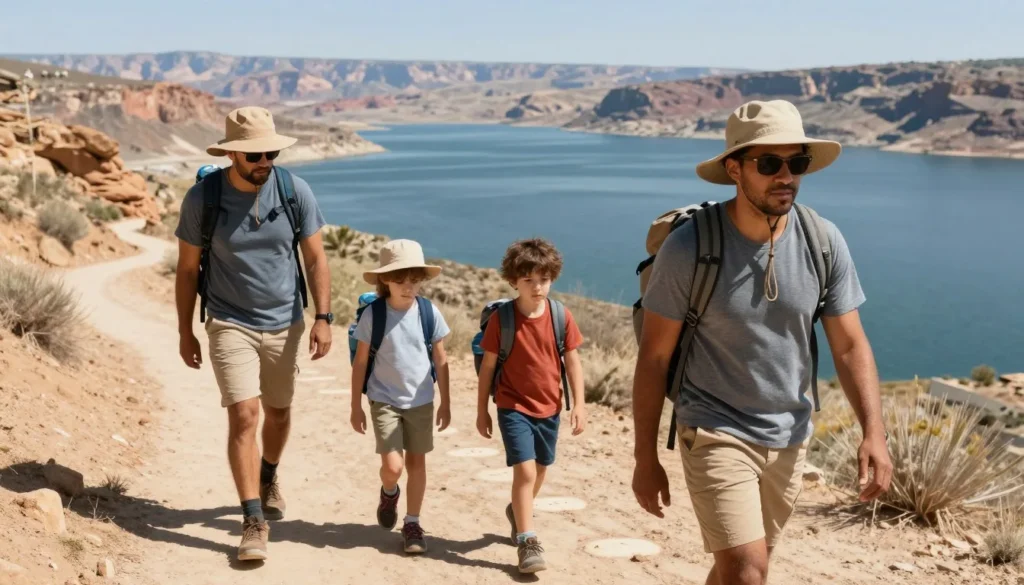Diverse family hiking safely on Lake Mead trail with proper gear