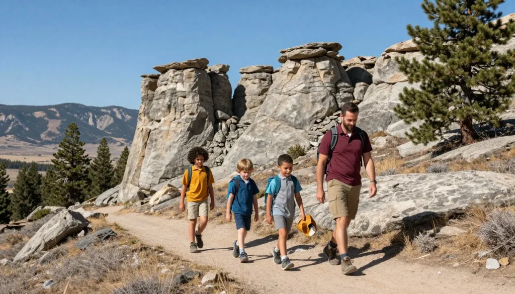 Diverse family hiking together on mountain trail with limestone formations and pine forest in Colorado