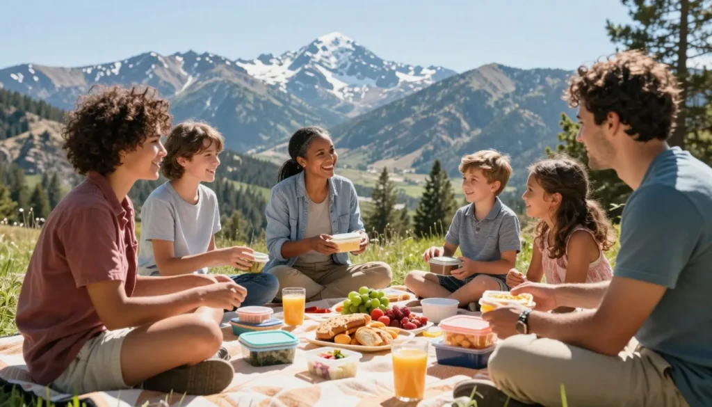 Diverse family picnicking at scenic overlook with homemade meal and mountain views