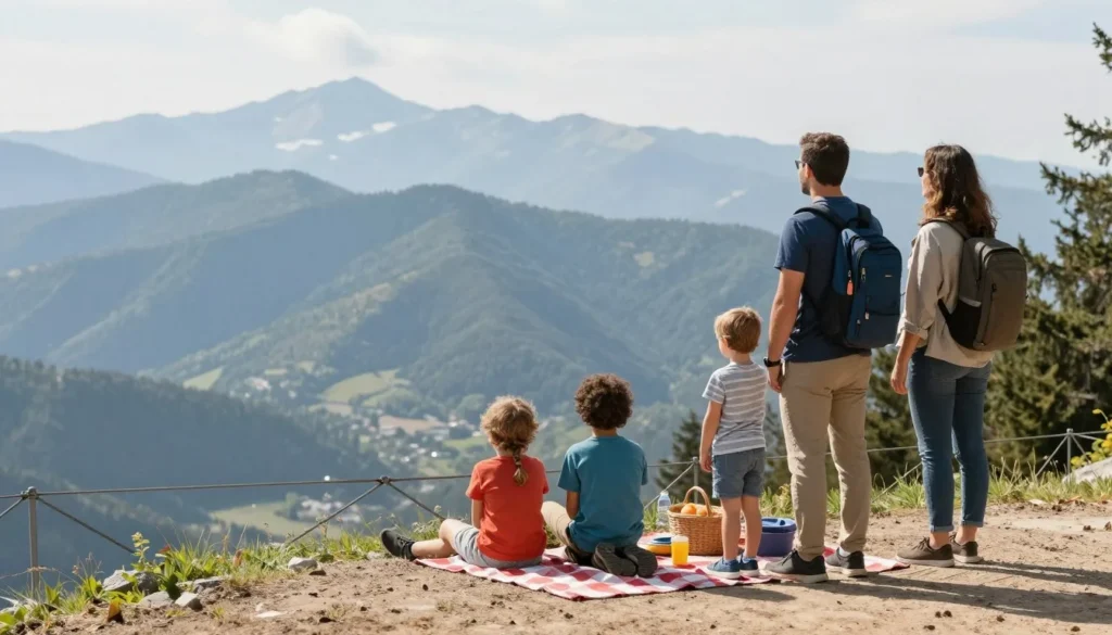 Diverse family resting at scenic mountain overlook with children safely away from edge Diverse family resting at scenic mountain overlook with children safely away from edge