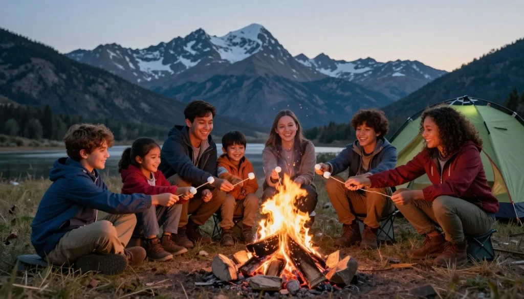 Diverse family roasting marshmallows around campfire with tent in background