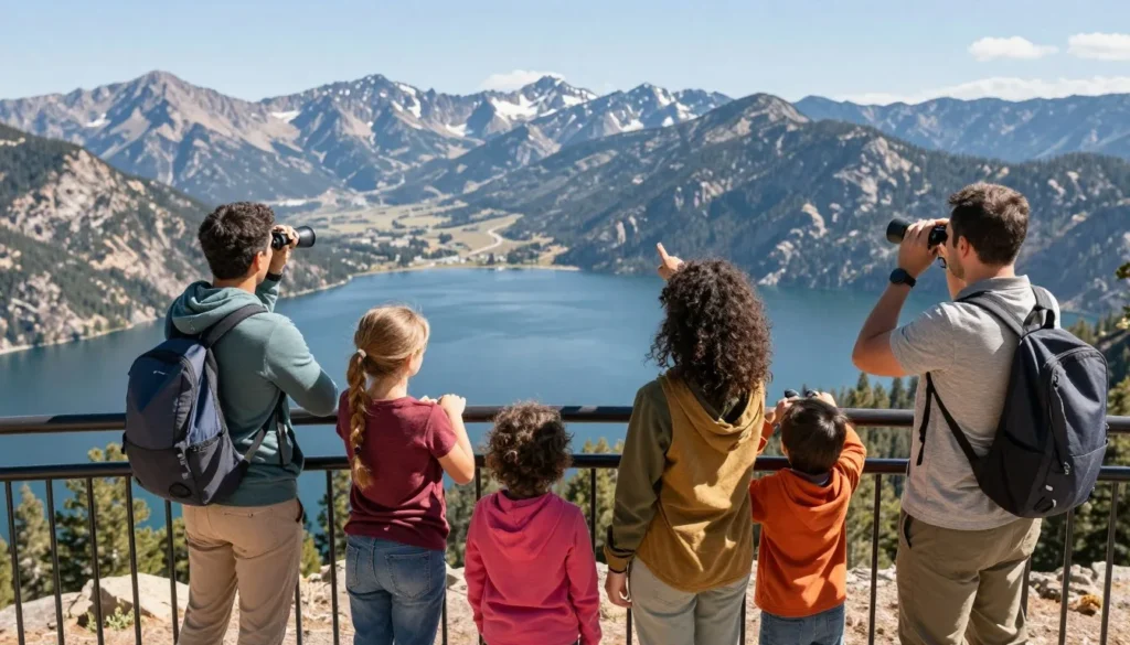 Diverse family sightseeing at scenic overlook near Lake Granby with mountain panorama Diverse family sightseeing at scenic overlook near Lake Granby with mountain panorama