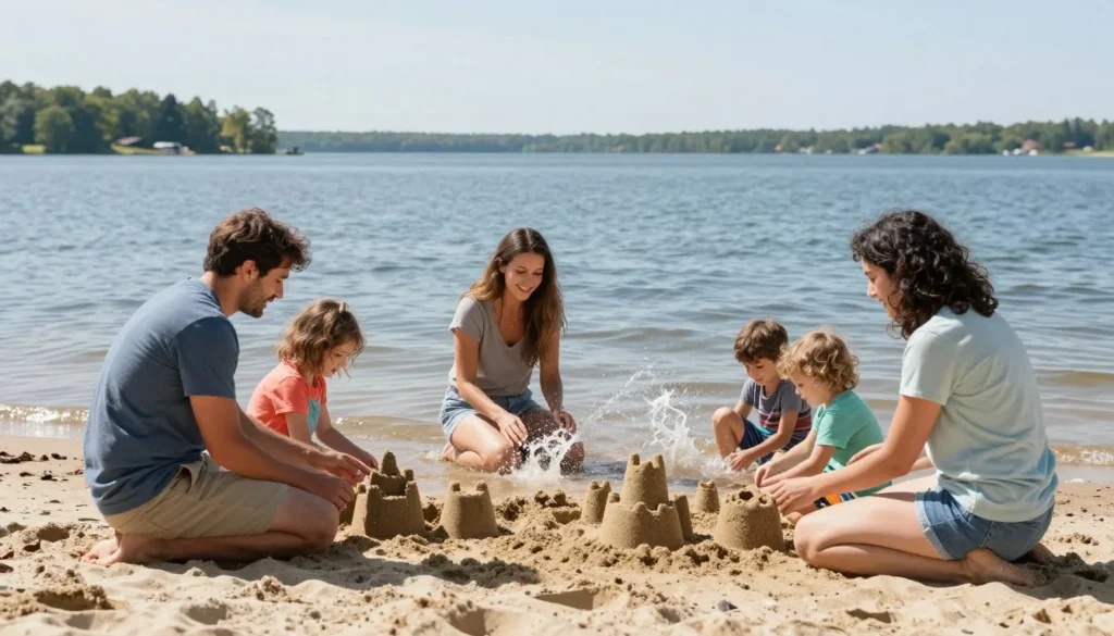 Diverse family with children enjoying beach activities at Center Hill Lake