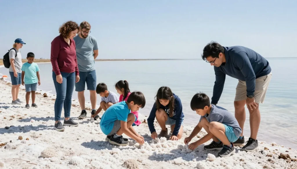 Diverse family with children exploring Great Salt Lake State Park beach area Diverse family with children exploring Great Salt Lake State Park beach area