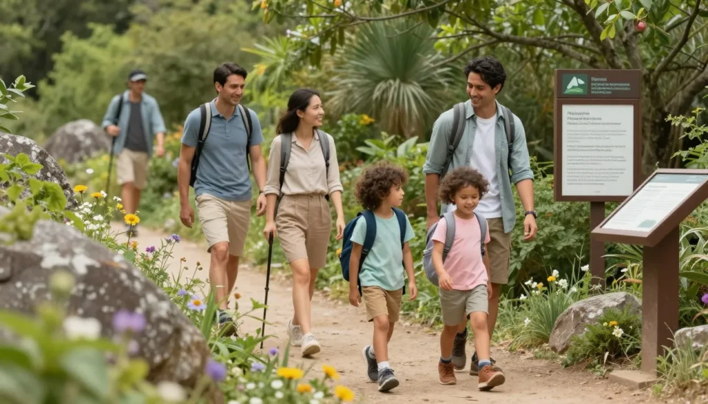Diverse family with children exploring nature trail with educational signage Diverse family with children exploring nature trail with educational signage