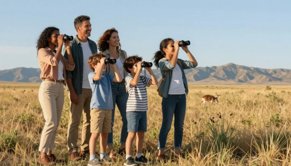Diverse family with children using binoculars to observe wildlife at Rocky Mountain Arsenal Diverse family with children using binoculars to observe wildlife at Rocky Mountain Arsenal