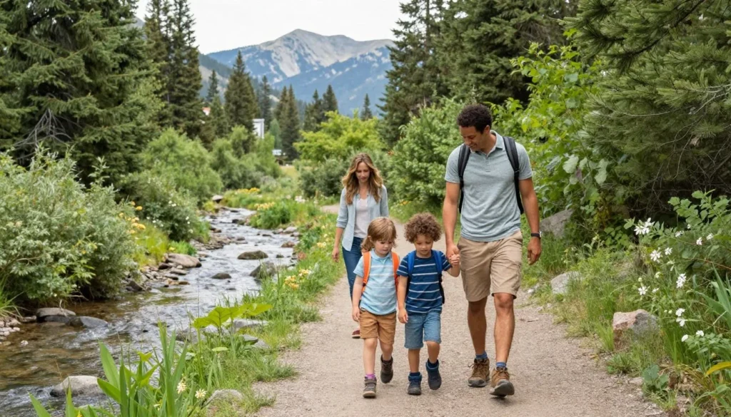 Diverse family with young children hiking easy trail near mountain stream