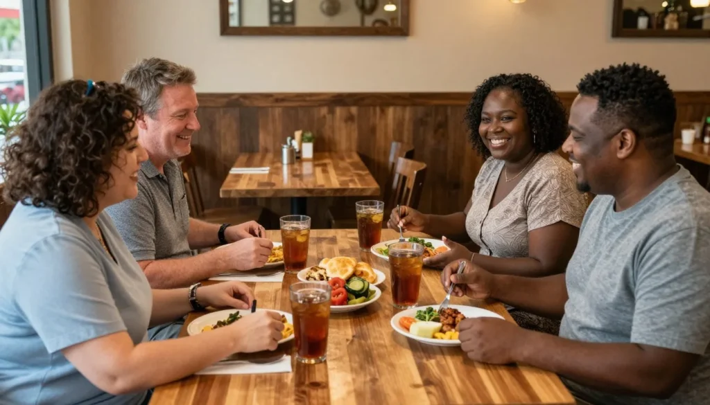 Diverse group dining at casual restaurant table sharing regional food