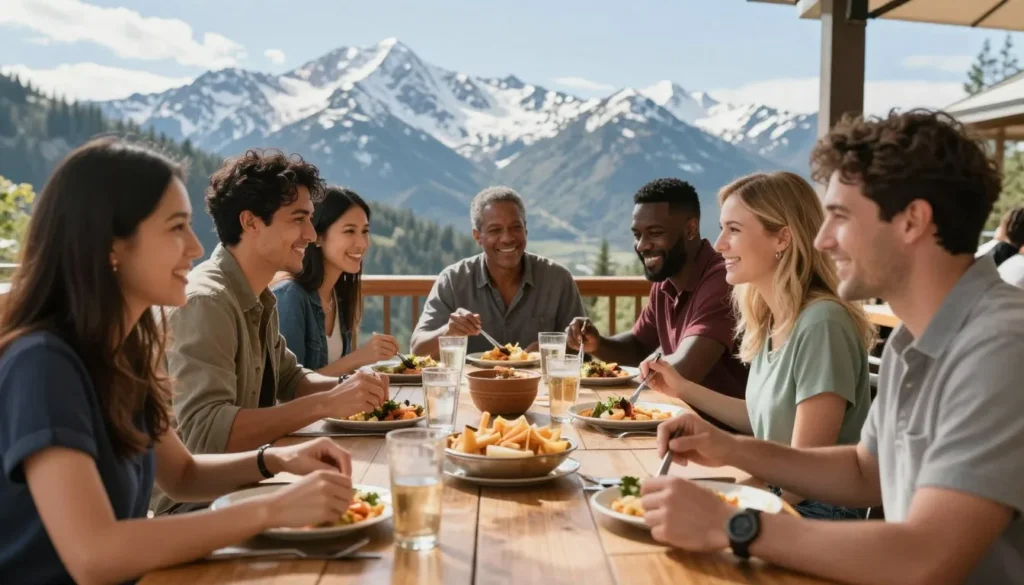 Diverse group dining at outdoor mountain restaurant with Never Summer Mountains view