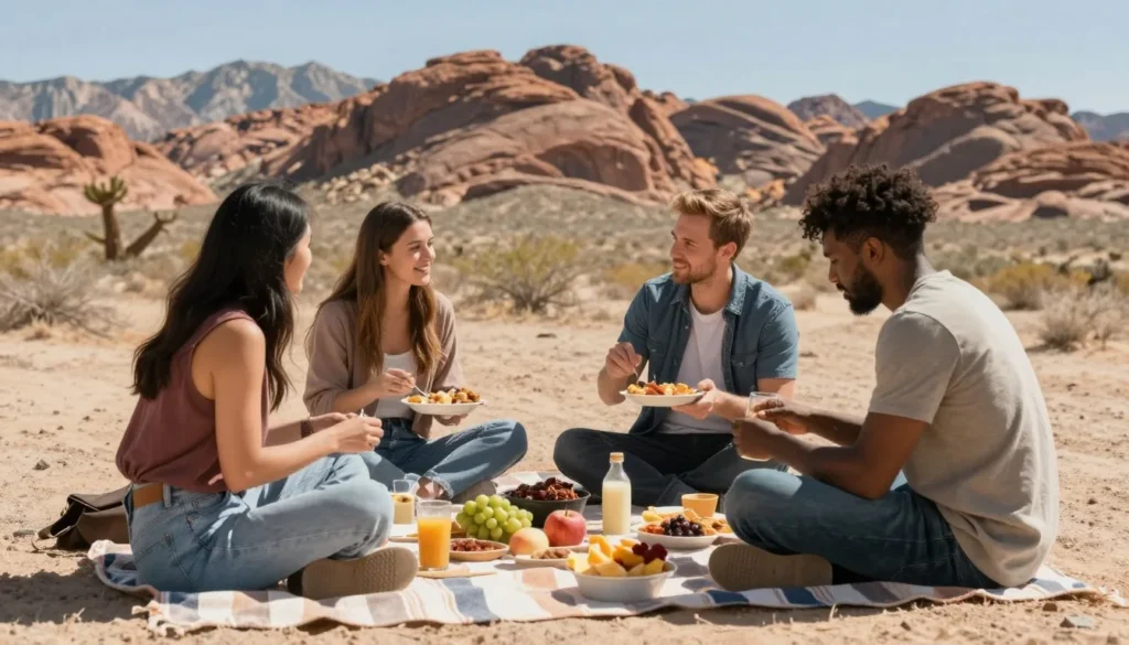 Diverse group enjoying outdoor picnic in desert setting Diverse group enjoying outdoor picnic in desert setting