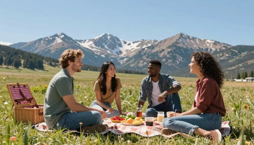 Diverse group enjoying outdoor picnic with mountain views in Colorado Diverse group enjoying outdoor picnic with mountain views in Colorado