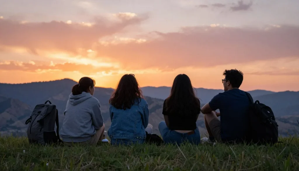 Diverse group enjoying prairie sunset at Pawnee Buttes