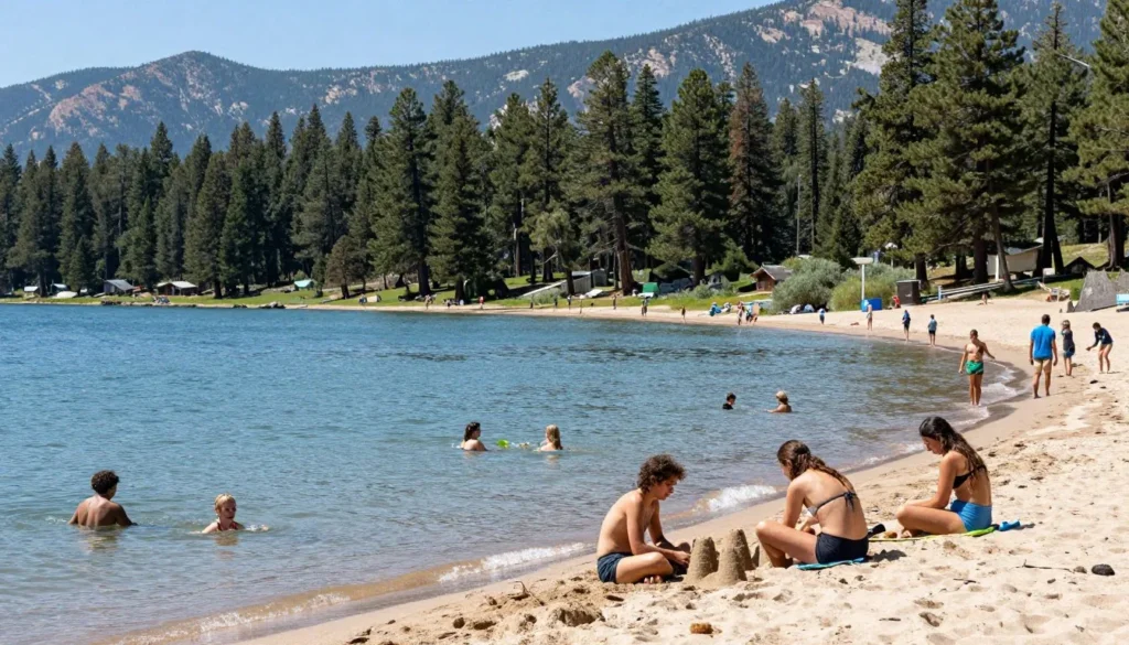 Diverse group enjoying water activities at Jordanelle State Park Beach