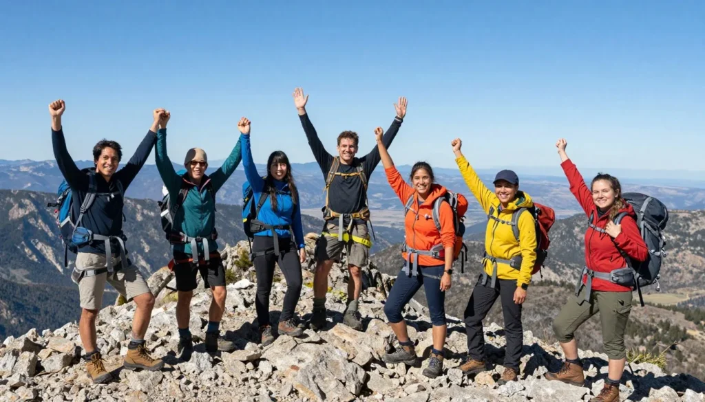 Diverse group of adventurers celebrating at Bear River Range mountain summit