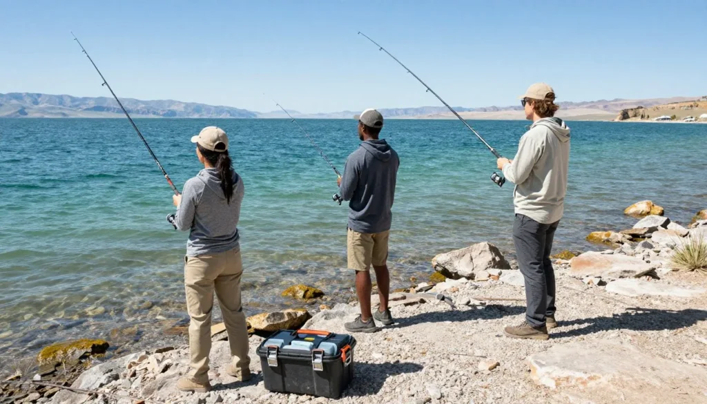 Diverse group of anglers fishing from Pyramid Lake shore