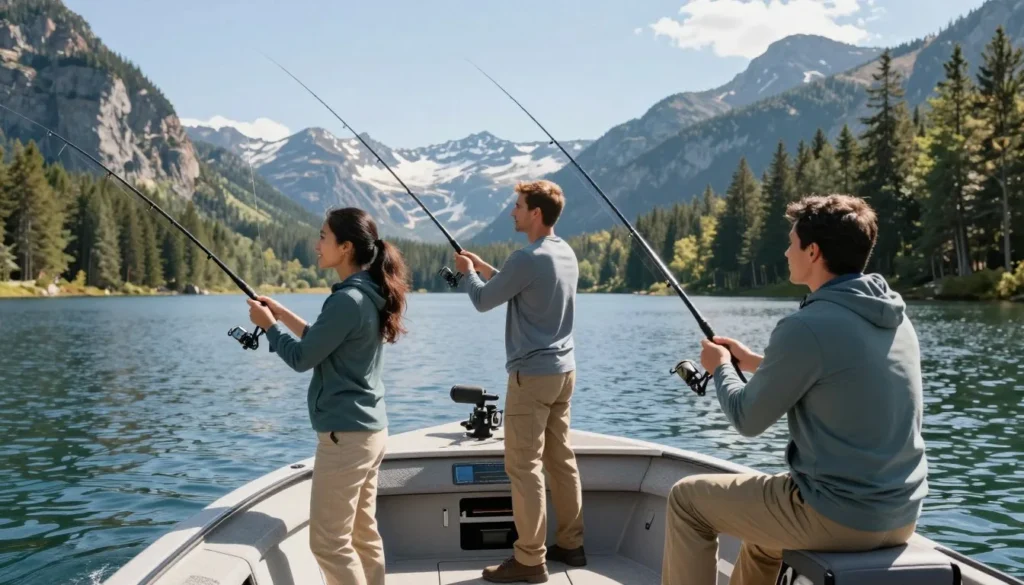Diverse group of anglers fishing from a boat on Navajo Lake Diverse group of anglers fishing from a boat on Navajo Lake