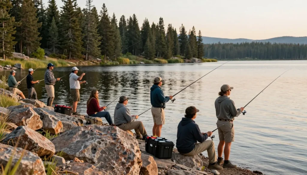 Diverse group of anglers fishing from the shore at McPhee Reservoir