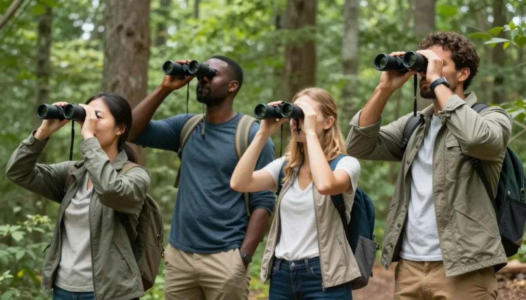 Diverse group of birdwatchers observing wildlife with binoculars