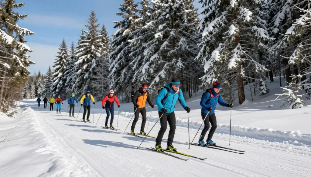 Diverse group of cross-country skiers on groomed winter trail through snowy forest Diverse group of cross-country skiers on groomed winter trail through snowy forest