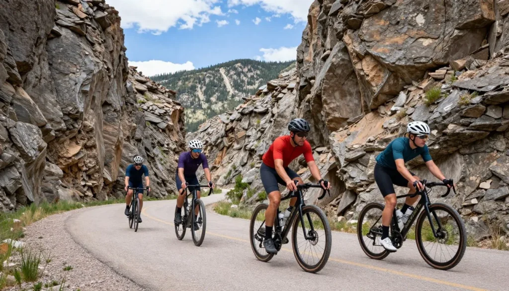 Diverse group of cyclists on gravel bikes riding through scenic Colorado canyon with limestone formations