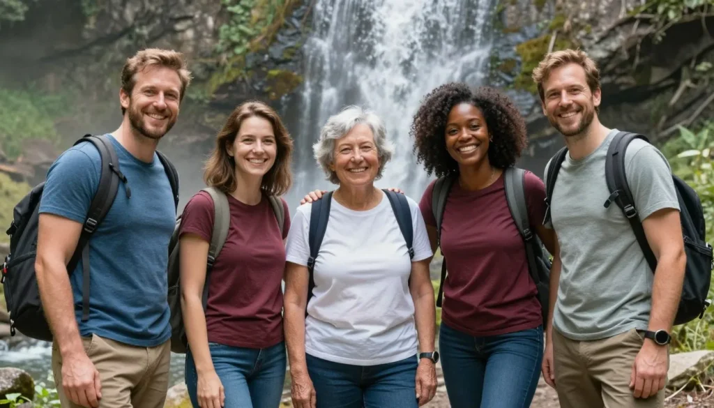Diverse group of happy tourists posing together near waterfall