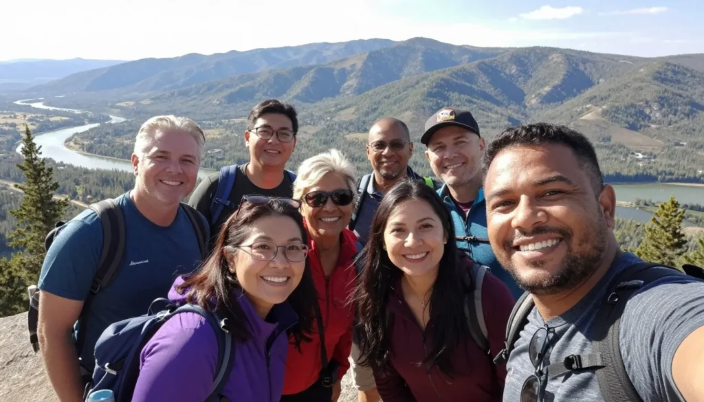Diverse group of happy travelers at scenic Bear River Range overlook taking group photo