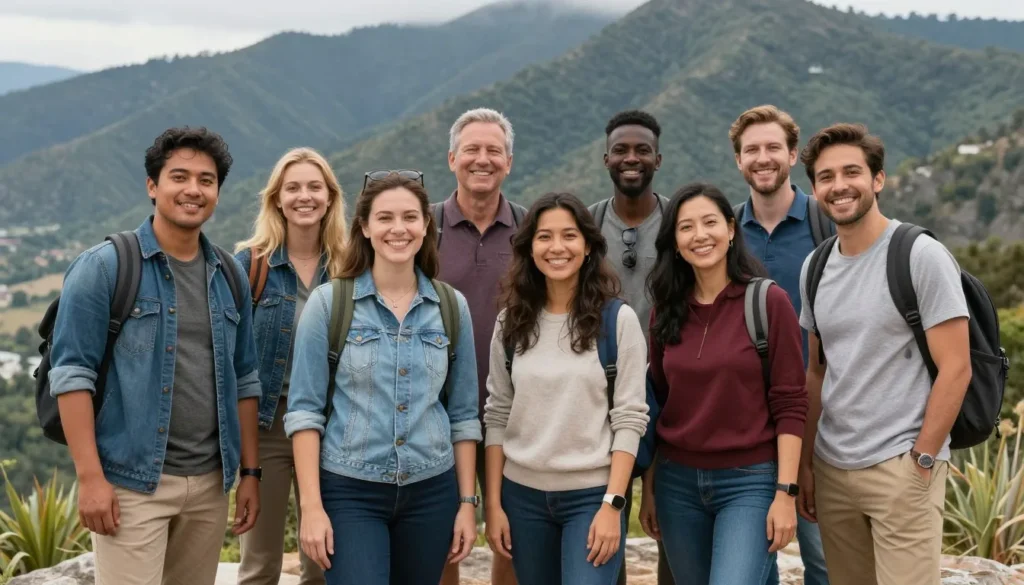 Diverse group of happy travelers posing together at scenic mountain overlook Diverse group of happy travelers posing together at scenic mountain overlook