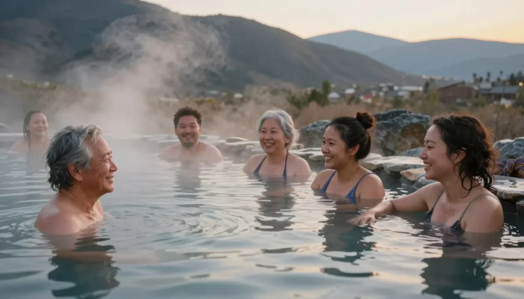 Diverse group of happy visitors relaxing at Joyful Journey Hot Springs pools Diverse group of happy visitors relaxing at Joyful Journey Hot Springs pools