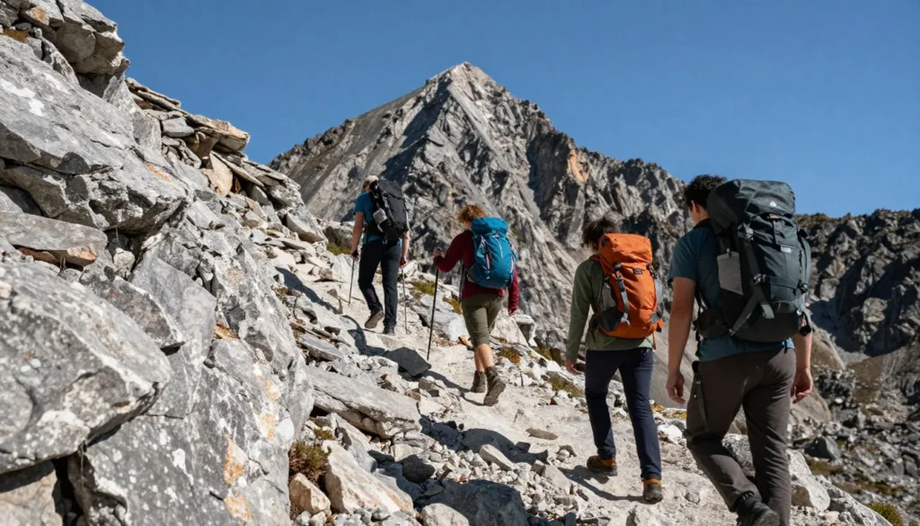 Diverse group of hikers ascending rocky terrain on Mount Lewis Diverse group of hikers ascending rocky terrain on Mount Lewis