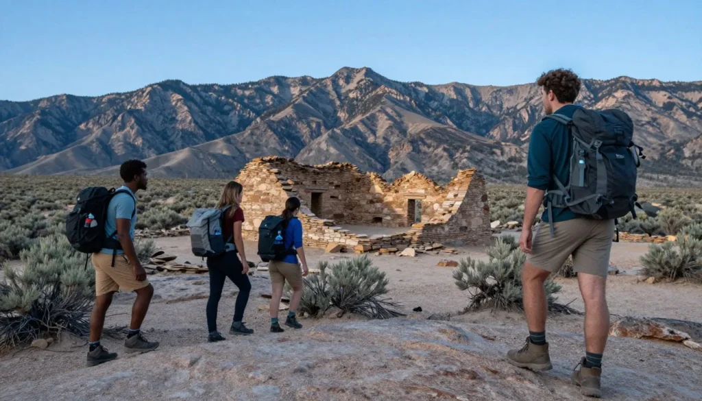 Diverse group of hikers exploring rocky terrain near Hamilton Nevada ghost town ruins with White Pine Range background