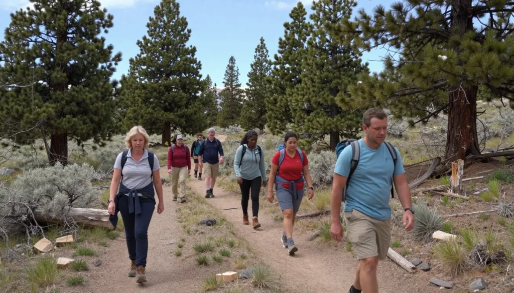 Diverse group of hikers exploring trail through pinyon-juniper woodland landscape