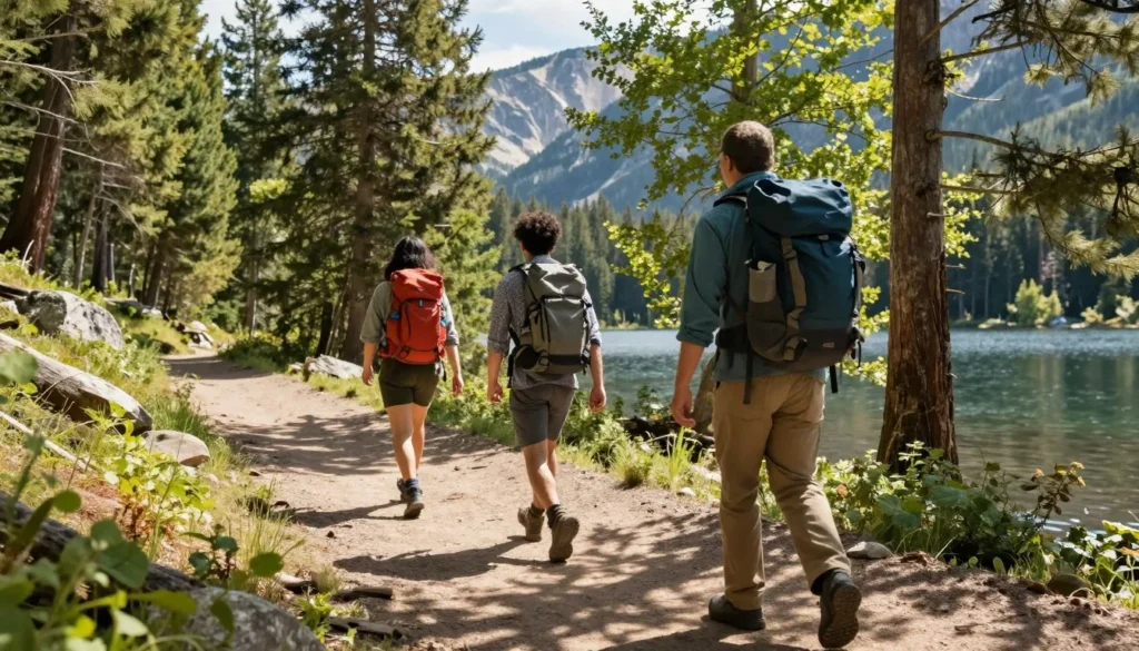 Diverse group of hikers following proper trail etiquette on path near Shadow Mountain Lake