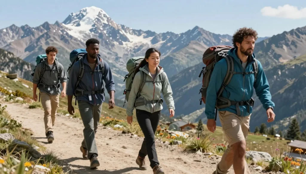 Diverse group of hikers on Never Summer Mountains trail through alpine terrain
